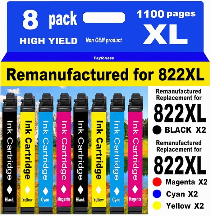 Remanufactured Ink for Epson 822XL (8-Pack, Non-OEM)